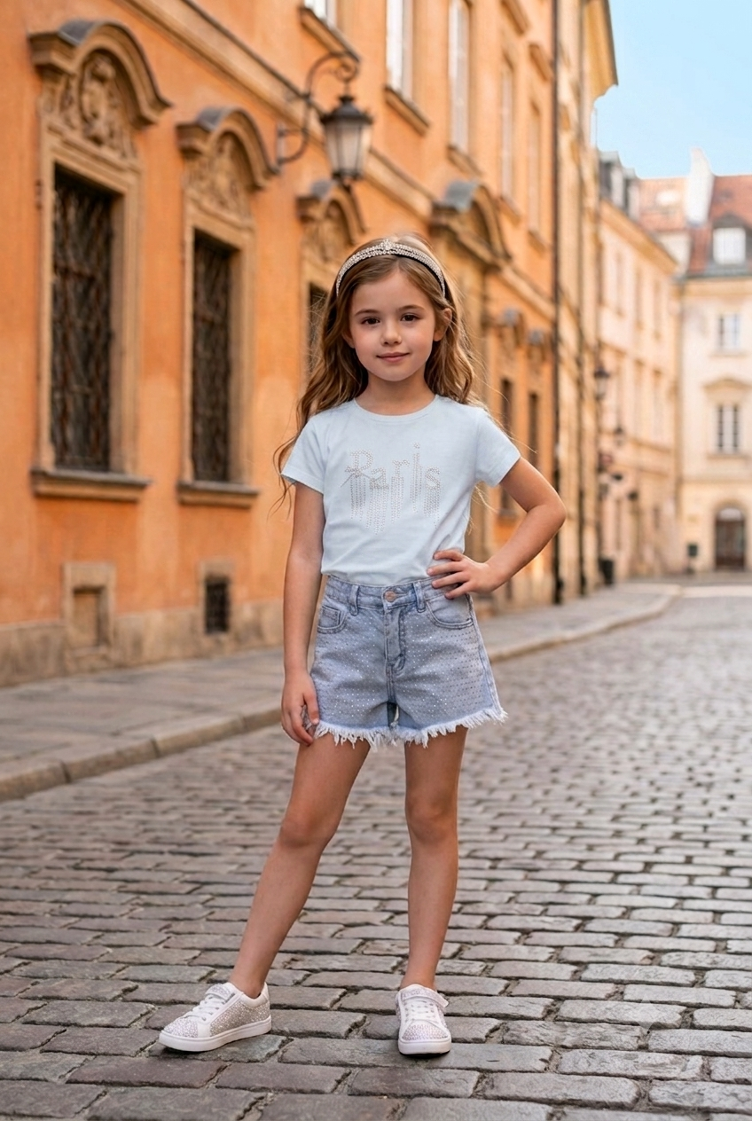 Completo t-shirt+Short con strass celeste