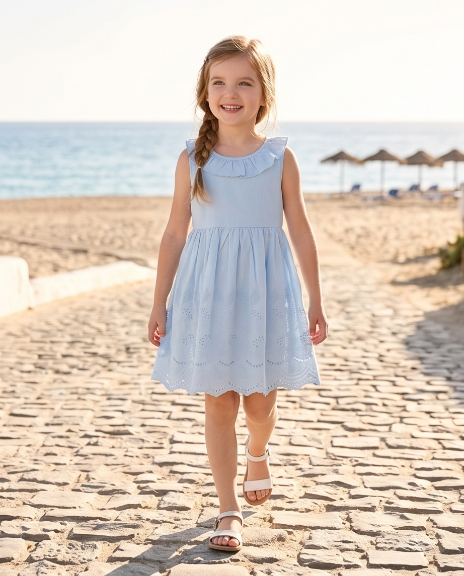 Vestito senza maniche con dettagli Sangallo 100% cotone leggero