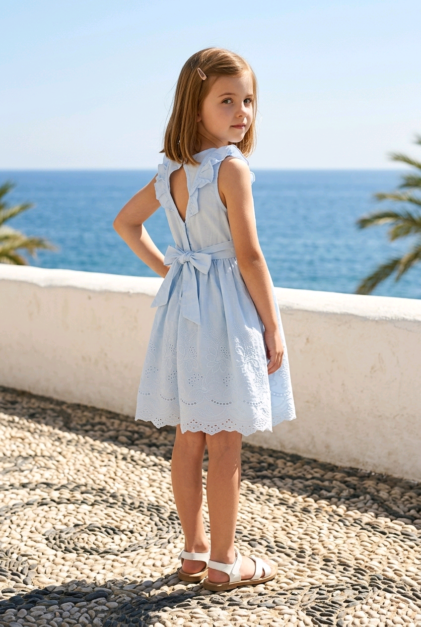 Vestito senza maniche con dettagli Sangallo 100% cotone leggero